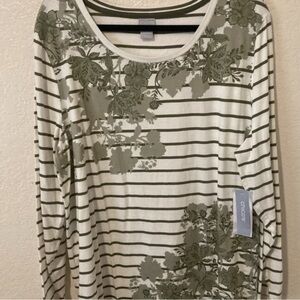 Chico's Olive and Cream Striped Floral Long-Sleeve Tee